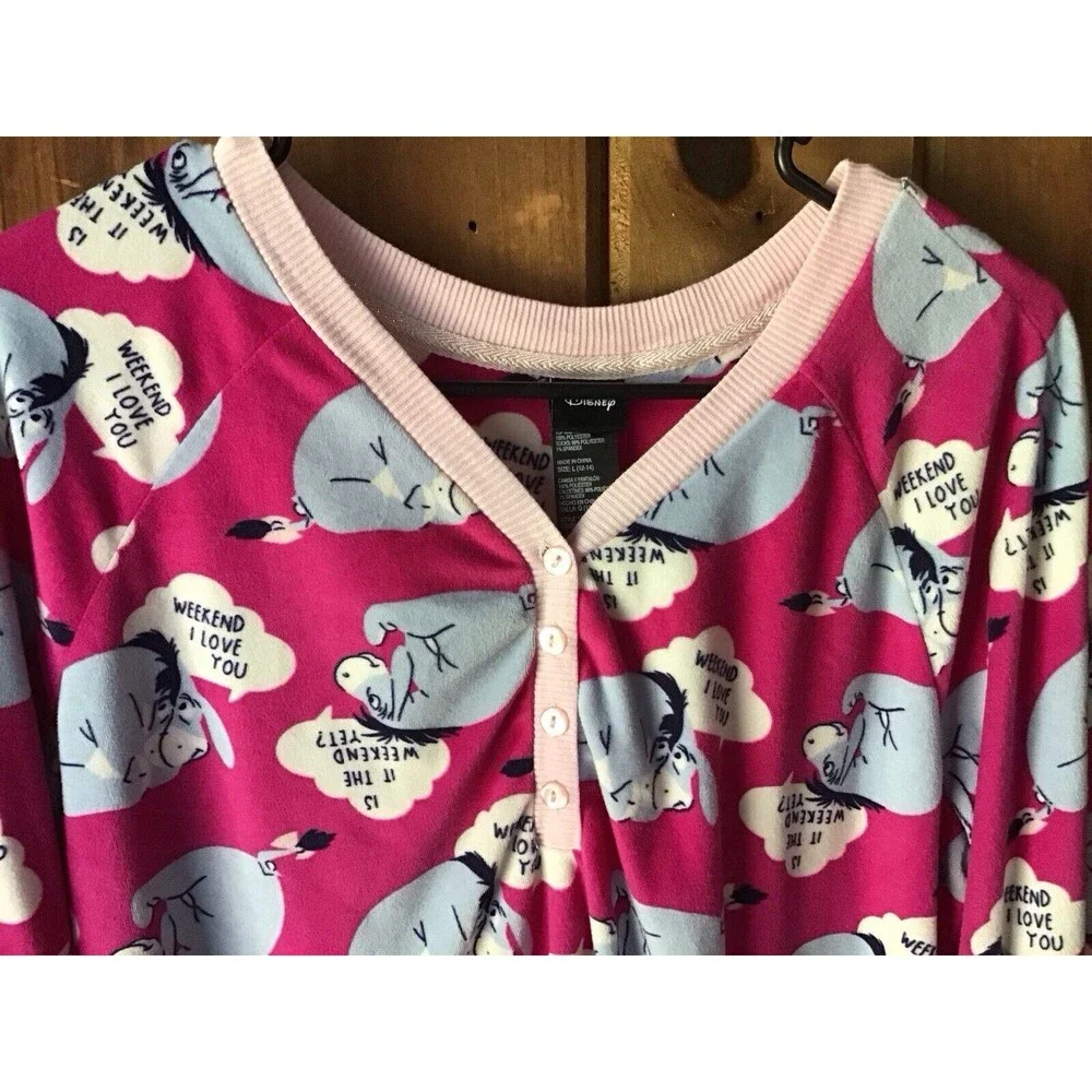 Disney Eyeore Sleep Top Size L Pink Fleece V Neck Long Sleeves Kidcore